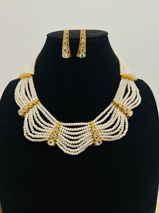 Pearl and Kundan necklace set in white