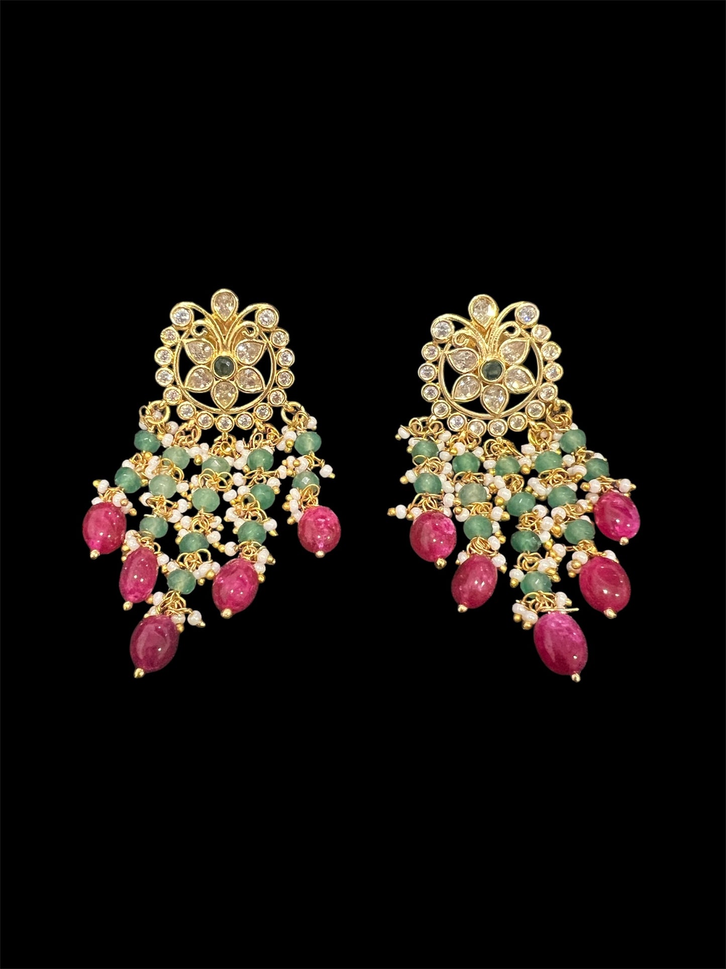 Uncut diamonds look earrings with green and pink beads