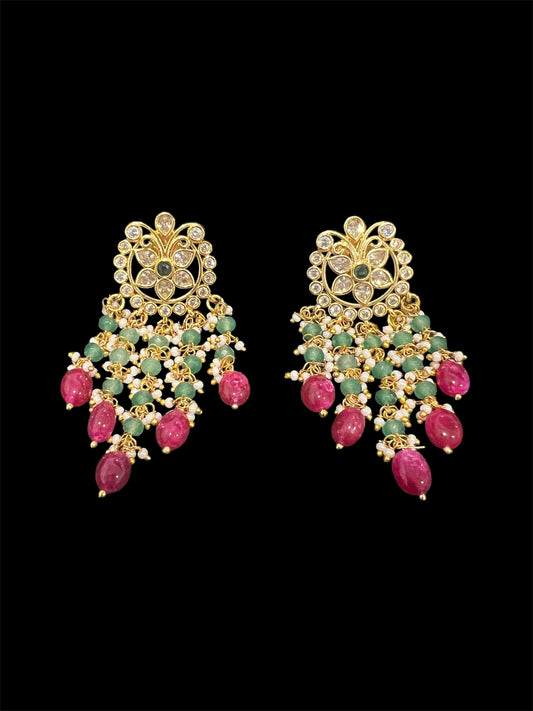 Uncut diamonds look earrings with green and pink beads